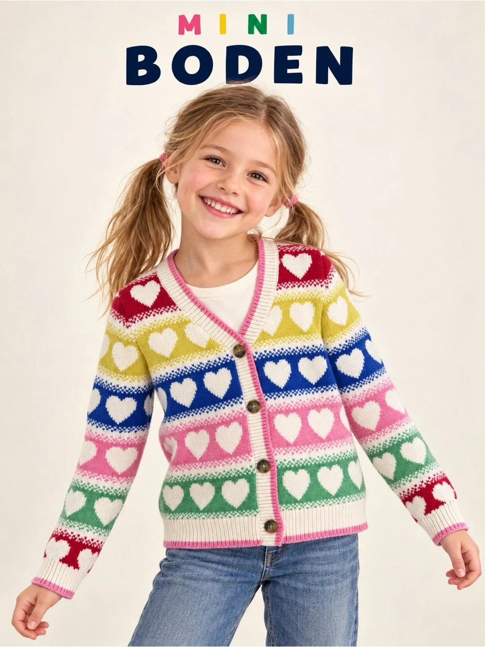 Mini Boden Kids Flora Fun V-Neck Cardigan Rainbow Hearts Knit Sweater Size 5-6Y